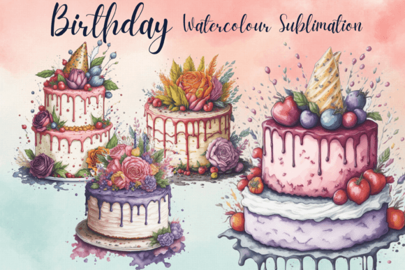 Birthday Cake Watercolor Sublimation Graphics & Illustrations